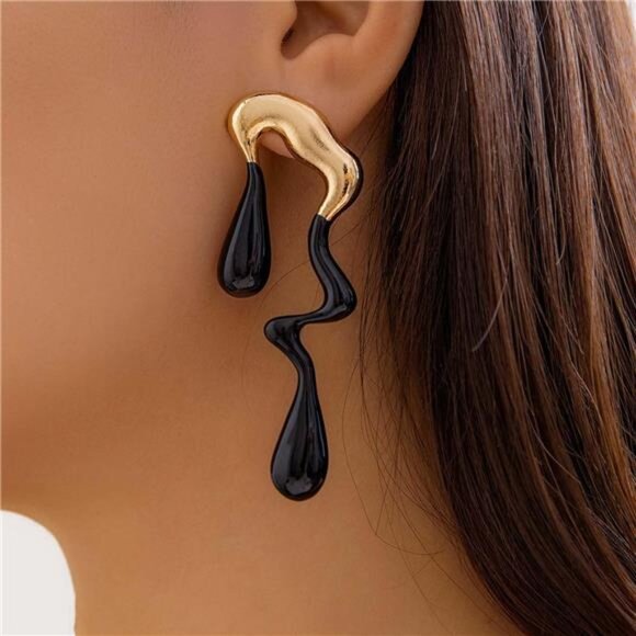 Black Geometric Teardrop Earrings | Irregular Statement Studs - Picture 2 of 4